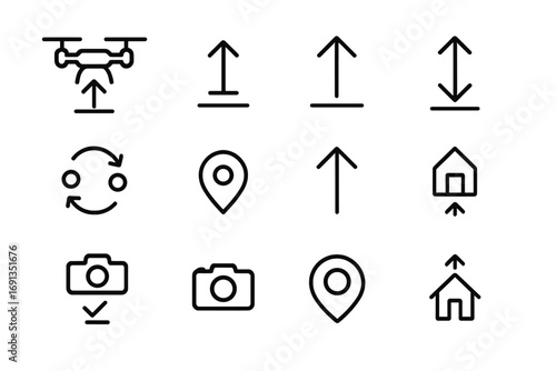 Drone Remote Icons. Outline icon set of drone remote buttons: take off, land, altitude up, altitude down,