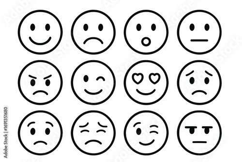 Simple line art emoji faces set, happy, sad, surprised, neutral, angry, winking, love heart eyes, confused, cartoon emoticons collection, transparent background, ordered vector