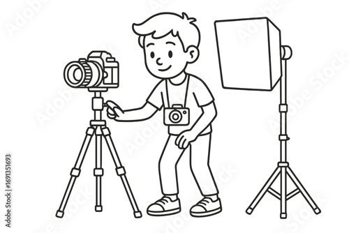 Young photographer setting up camera on tripod. Photo studio equipment. Videographer, vlogger, content creator concept. Man with dslr. Linear outline cartoon vector illustration.
