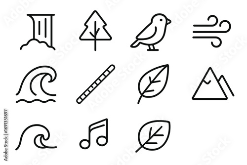 Nature Soundscape Icons. Outline icon set of nature-inspired soundscapes: waterfall, forest tree, bird, wind
