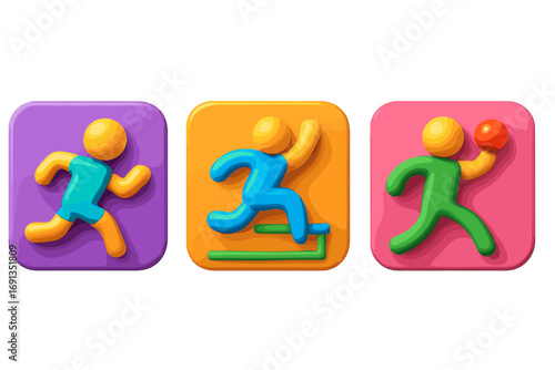 3D sport icons set. Colorful vector cartoon illustration of running, hurdle jumping, and throwing figures. Athletic competition symbols for app, web, or graphic design.