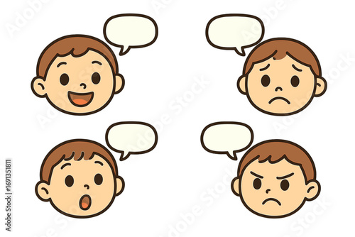 Boy face expressions cartoon set for emotional learning. Happy, sad, angry, surprised emotions. Psychology education concept. Cute kid character head vector with speech bubble.