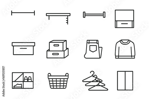 Wardrobe Icon Set. Outline icon set of wardrobe shelving: clothes rail, adjustable shelf, closet rod, modular