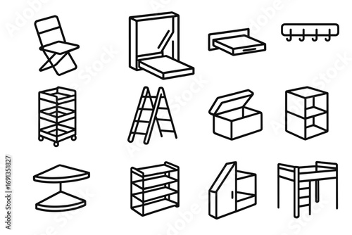 Space-Saving Icon Set. Outline icon set of small space hacks: foldable chair, Murphy bed, pull-out shelf, wall