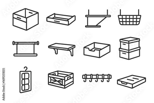 Space Optimization Icons. Outline icon set of space optimization: foldable box, sliding shelf, hanging basket,