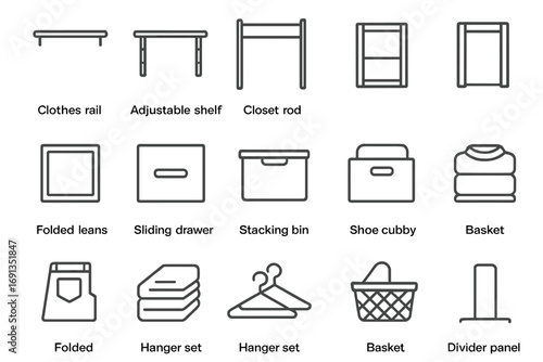 Wardrobe Icon Set. Outline icon set of wardrobe shelving: clothes rail, adjustable shelf, closet rod, modular