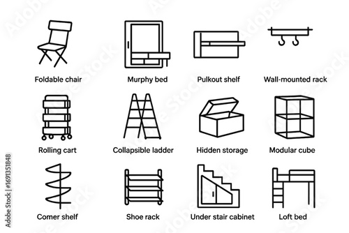 Space-Saving Icon Set. Outline icon set of small space hacks: foldable chair, Murphy bed, pull-out shelf, wall