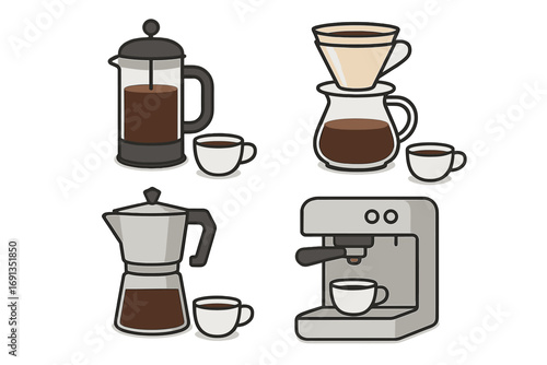Coffee brewing methods vector icon set. French press, pour-over, moka pot, and espresso machine illustration. Barista equipment for cafe and home coffee making collection.