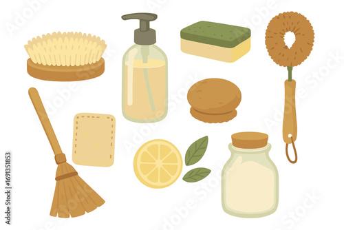 Eco friendly cleaning tools set. Natural products for house cleaning. Zero waste lifestyle. Sustainable household items. Vector cartoon illustration of brush, soap, sponge, lemon.