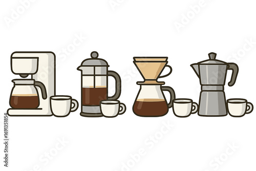 Coffee brewing methods vector collection. Drip machine, French press, pour-over brewer, moka pot icons. Minimalist kitchen equipment for cafe, beverage menu, barista.