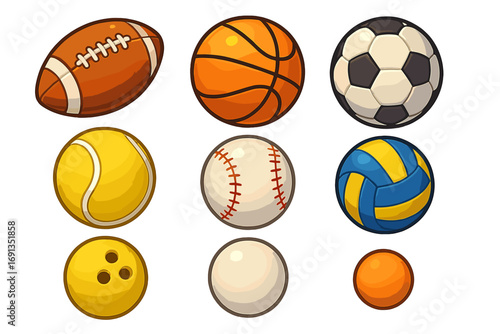 Sports balls vector icon set. Cartoon 3d collection. Football, basketball, soccer, baseball, tennis, volleyball, bowling, billiard, ping pong. Game equipment illustration.