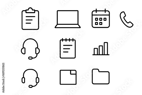 Workplace Icons Grid. Outline icon set of workplace task coverage: clipboard, laptop, calendar, telephone,