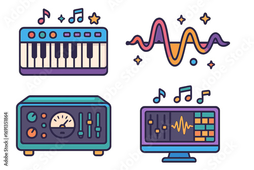 Music production icon set. Vector illustration of synthesizer, sound wave, audio equipment, and DAW. For recording studio, electronic music, sound design, and beat making concepts.