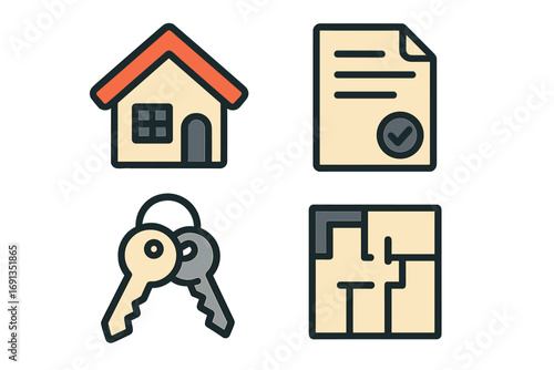 Real estate icon set featuring home symbol, contract document, keys pair, and floor plan layout with transparent background, vector cartoon illustration, ordered collection