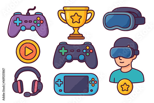 Gaming icon set. Video game elements. Esports concept. Gamer equipment collection. Controller, joystick, vr headset, trophy award, play button, console. Vector illustration.