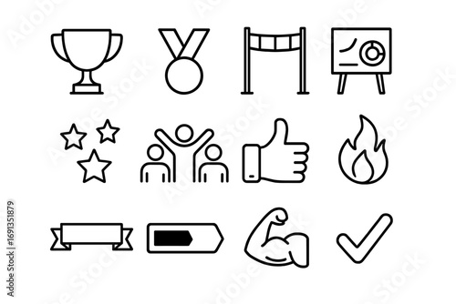 Fitness Motivation Icons. Outline icon set of fitness motivation: trophy, medal, finish line, goal chart,
