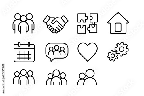 Family Teamwork Icons. Outline icon set of family teamwork: group of people, handshake, puzzle pieces, house