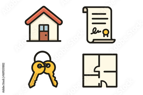 Real estate icon set featuring house, contract agreement, keys, floor plan symbols. Vector cartoon illustration for property sale, rental, home ownership, and realty business. Transparent background.