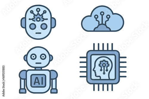 Artificial intelligence icon set. Robot head, android bot, and CPU chip with human mind silhouette. Cloud computing, machine learning, and data processing technology concepts.