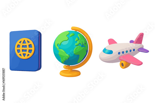 Colorful 3d travel icons set with passport, globe, airplane. Vector cartoon illustration for tourism, vacation, journey concepts. World flight and international travel symbols.