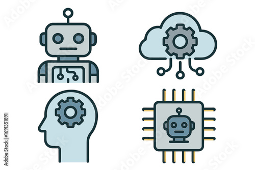 Artificial intelligence icon set. Robot, machine learning, cloud computing, processor chip. Future technology concept. Digital brain, data processing, automation, ai symbols.