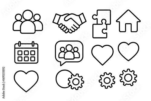 Family Teamwork Icons. Outline icon set of family teamwork: group of people, handshake, puzzle pieces, house