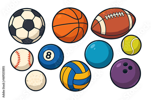 Sports balls vector icon set. Cartoon collection with game equipment for soccer, basketball, football, tennis, bowling, baseball, volleyball, golf, and billiards.