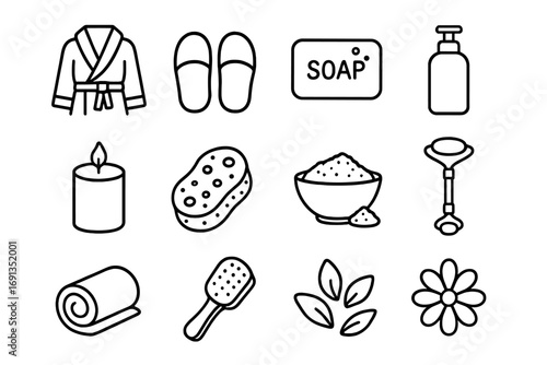 Spa Gift Basket Icons. Outline icon set of spa gift baskets: bathrobe, slippers, soap bar, lotion bottle,