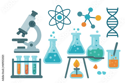 Science lab equipment icon set for chemistry and biology research. Vector illustration of microscope, DNA, atom, molecule, test tubes, and flask for experiment or education concept.
