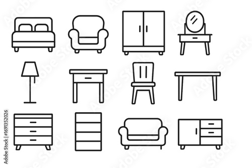Set of editable furniture line icons with pencil stroke. Vector cartoon illustration with transparent background for websites, books, cards, apps, home decor, interior design