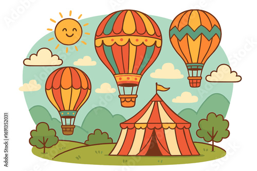 Whimsical hot air balloons flying over scenic landscape with colorful circus tent, smiling sun, fluffy clouds, and green hills, vibrant cartoon vector illustration with transparent background
