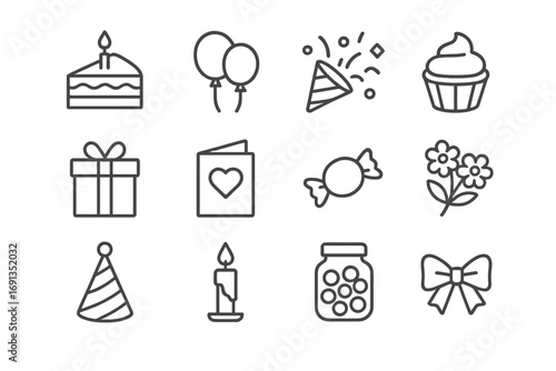 Birthday Gift Icon Set. Outline icon set of birthday gift baskets: birthday cake slice, balloons, confetti,