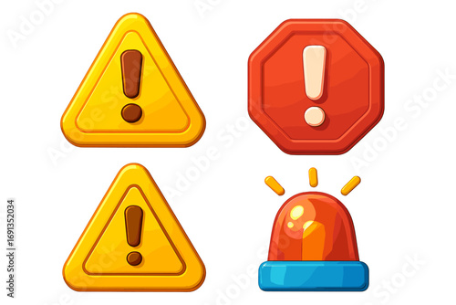 3D warning icons set. Cartoon alert and caution signs with exclamation mark. Danger symbol, emergency siren light and attention signal for web. Vector illustration concept.