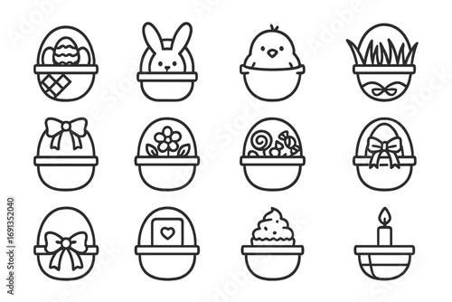 Festive Basket Icons. Outline icon set of festive baskets: Easter egg, bunny, chick, basket with grass, ribbon