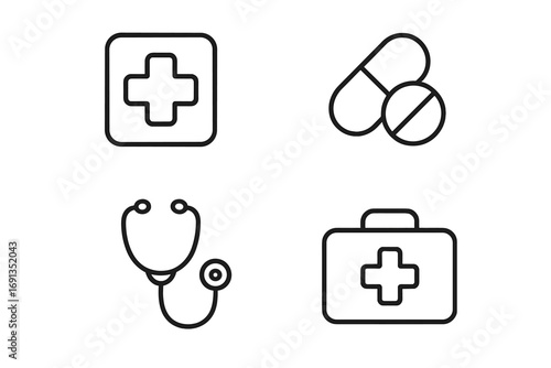 Set of health care related line icons, editable stroke for design, websites, apps, cards, linear medical cross symbol, pills, stethoscope, first aid suitcase graphic