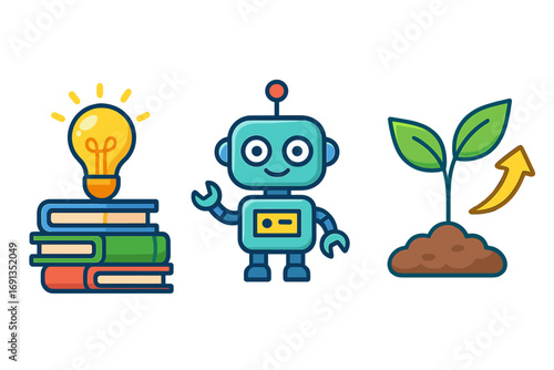 Educational icons set for learning, robotics, and growth. Knowledge and idea concept with books and lightbulb. Future technology with cute robot. Progress and development symbol.