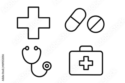 Set of Editable Health Care Line Icons with Medical Cross, Pills, Stethoscope, First Aid Kit, Linear Medical Symbols for Design, Web, App, Cards, Medicine and Healthcare Concepts