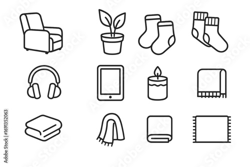 Home Relaxation Icons. Outline icon set of home relaxation: recliner chair, potted plant, cozy socks,