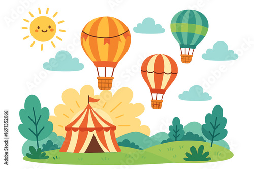 Whimsical hot air balloons floating over green hills with colorful circus tent, smiling sun, blue clouds, scenic cartoon landscape background, playful outdoor adventure