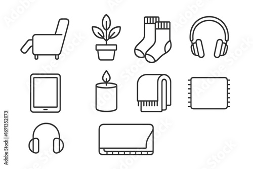 Home Relaxation Icons. Outline icon set of home relaxation: recliner chair, potted plant, cozy socks,
