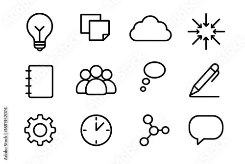 Creative Brainstorming Icons. Outline icon set of creative brainstorming: lightbulb, sticky notes, cloud,