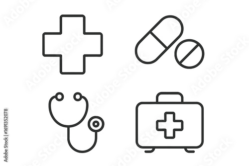 Set of Health Care Line Icons with Editable Stroke. Medical Cross, Pills, Stethoscope, First Aid Kit. Vector Linear Medical Symbols for Design, Websites, Apps, Cards