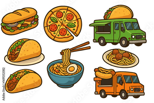 Street food vector illustration set. Collection of cartoon icons featuring food trucks, pizza, tacos, ramen, hot dog, and sandwich. Fast food meal graphics for menu design.