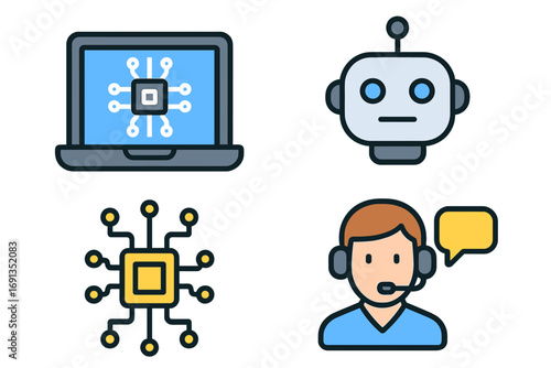Technology icon set. Artificial intelligence, AI, chatbot, robot. Customer support, service, call center operator. Vector icons for CPU, processor, machine learning, tech help.