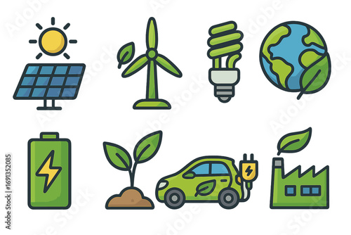 Green energy and eco-friendly icons set. Renewable energy concept. Solar panel, wind turbine, electric car, planet earth. Ecology and environment cartoon vector illustration.