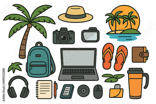 Remote work & travel gear set for digital nomad. Tropical vacation & freelance business icon collection. Vector cartoon flat lay of laptop, camera, backpack, summer items.