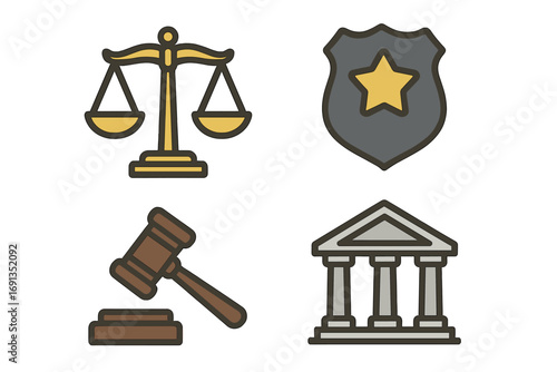 Law and justice vector icon set. Legal symbols representing the judicial system, court, and law enforcement. Flat design illustration with judge gavel, scales, and police badge.