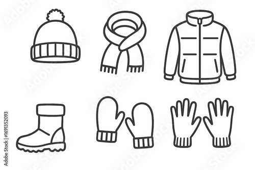 Winter clothing essentials in minimalist linear style, warm hat with pompom, scarf wrapped, puffer jacket, winter boots, mittens and gloves, vector cartoon illustration, transparent background