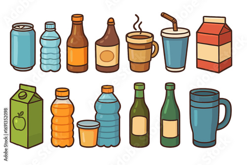 Beverage container collection. Vector cartoon icon set of drinks. Soda can, water bottle, juice box, coffee cup, milk carton, glass beer bottle, mug. Isolated flat design.