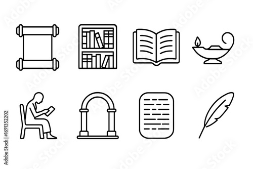 Ancient Library Icons. Outline icon set of ancient libraries: scroll, bookshelf, open codex, oil lamp, reading